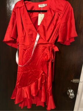 Bundle 2 for $30. NWT Flounce Red Satin Wrap Midi Dress with Ruffle Hem. Size 4.